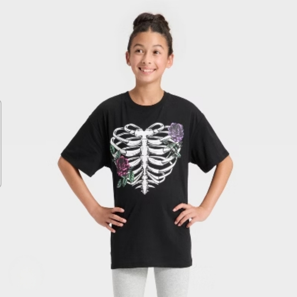 Girls' Black Short Sleeve Tee with Floral Ribcage Graphic